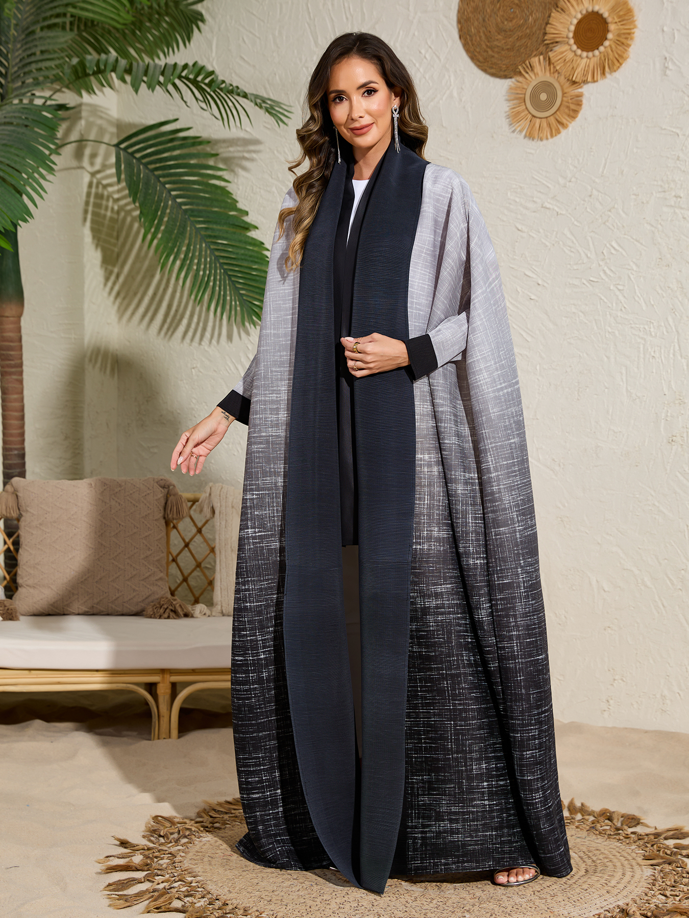 Long robe coat Ethnic Clothing The Middle Eastern printed pleated robe coat is elegant in Arab style NZ018