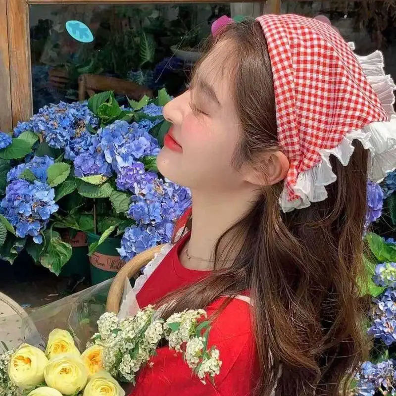 INS Lace Plaid Korean Triangle Hair Band Hair Scarf Women Travel Po Headband Sunscreen Headscarf Girls Cotton Neckerchief 250723