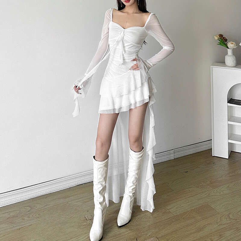 2024 Autumn New Women's Solid Color Slim High Waist Fashion Square Neck Long Sleeve Sheer Dress 06d