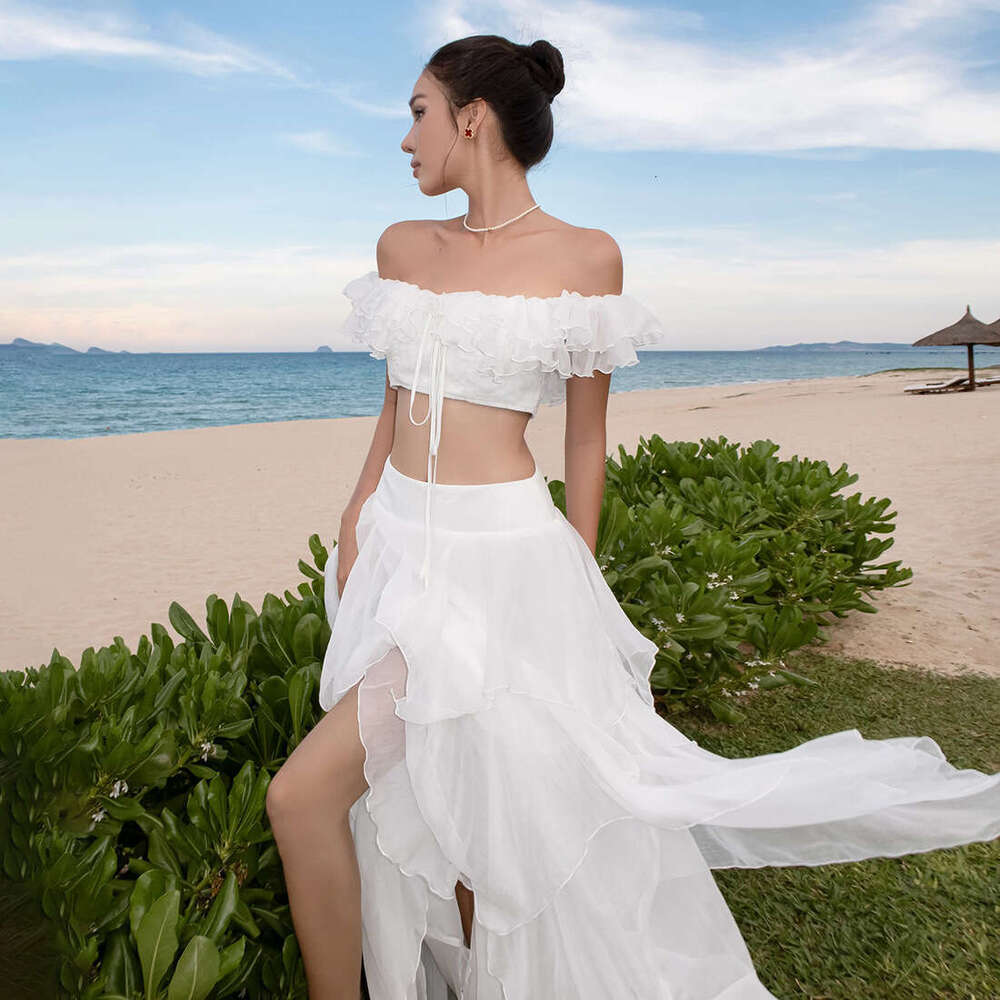 2025 Summer New Solid Color Slim Fit Tube Top High Slit Irregular Skirt Set for Women 6cd