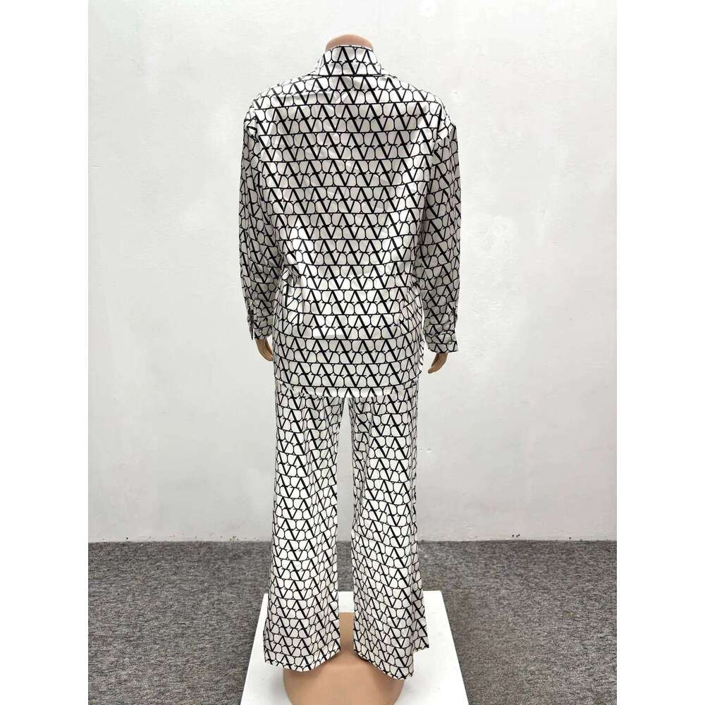 Designer Leisure High Quality Fashion Printing Two Piece Set Spring Women Long Sleeves Lapel Shirt+High Waist Loose Wide Leg Pants Autumn Female Outfi