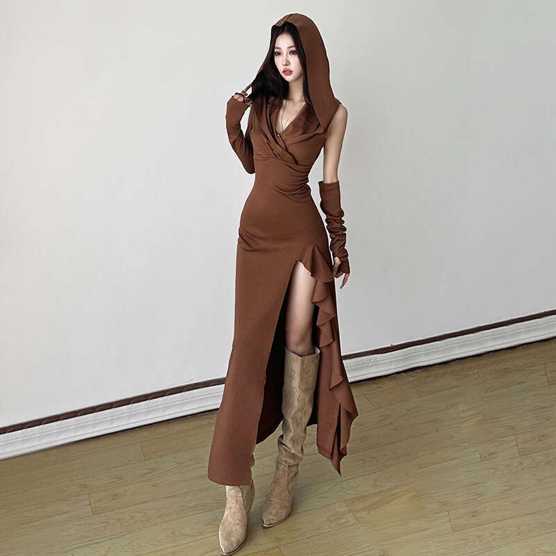 2024 Autumn New Women's Solid Color Slim High Waist Fashion Hooded Long Sleeve Split Dress dd6