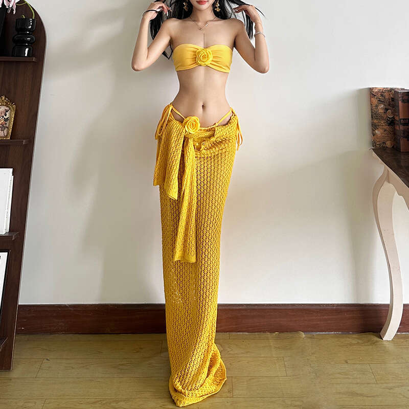 2025 Spring New Turmeric Strapless Bikini with 3D Flowers Beach Swimsuit Set 92d