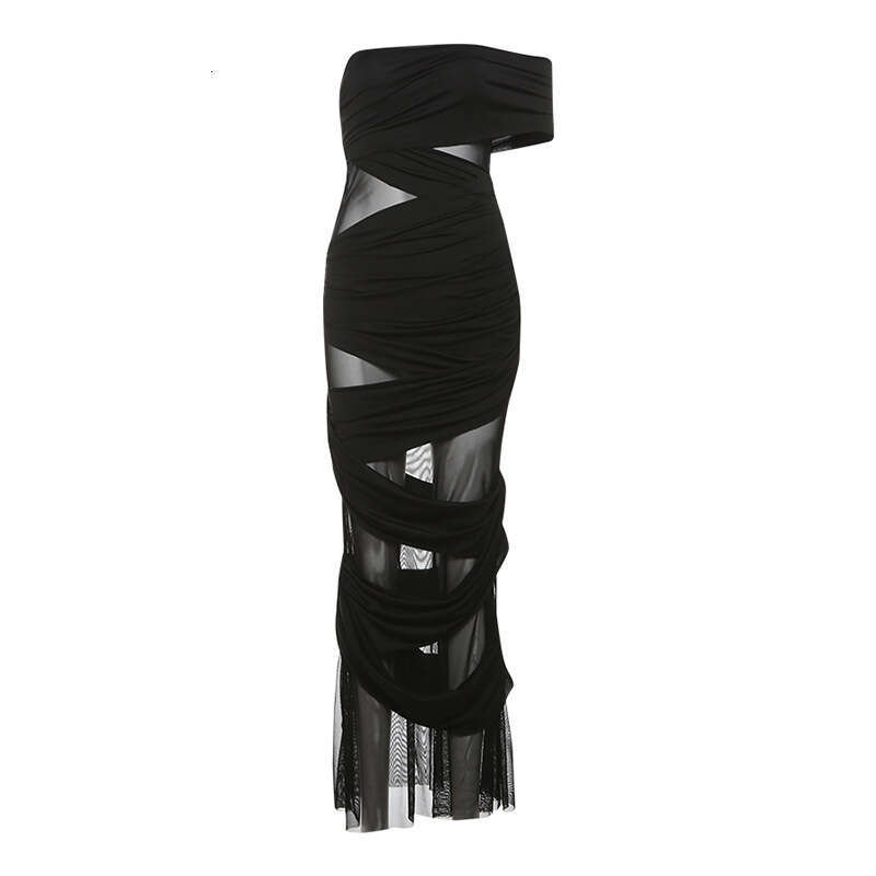 2024 Autumn Winter New Women's Solid Color Slim High Waist Fashion Off-Shoulder Sleeveless Dress 1cd