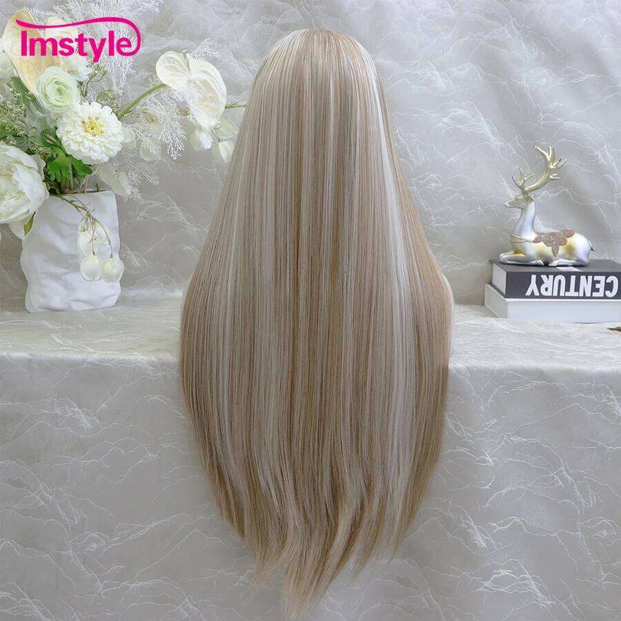 Imstyle Synthetic Lace Front Brown Wig Highlight Platinum Straight Hair Long For Women Heat Resistant Daily Wigs