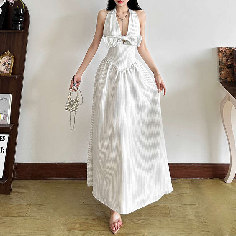 2025 Summer Fashion Halter Neck V-Neck Hollow Out Striped Print Waist-Cinching Slim Fit Sleeveless Dress b13