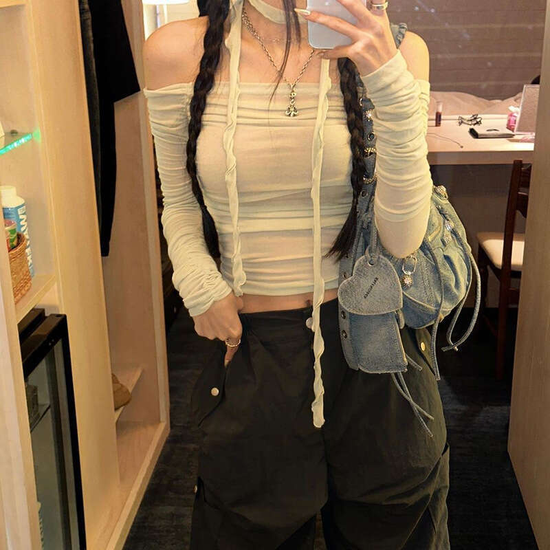 2024 Autumn New Women's Solid Color Slim Fit Crop Fashion Off-Shoulder Long Sleeve Backless Top e87