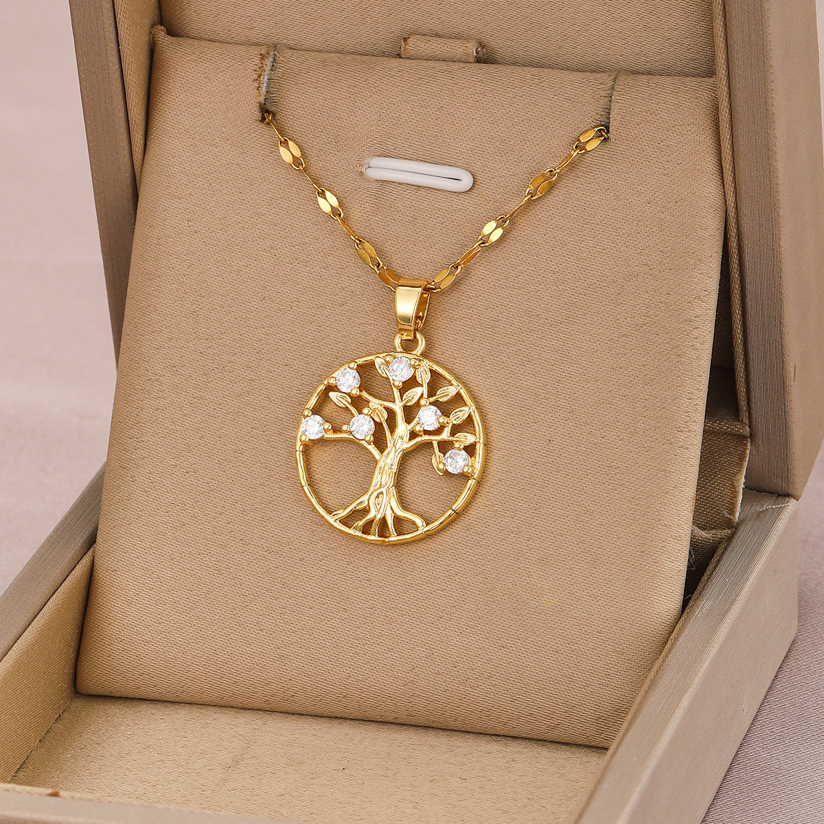 Trendy Round Hollow Tree of Life Pendant for Women Zircon Necklace Geometric Collarbone Chain Jewelry for Women