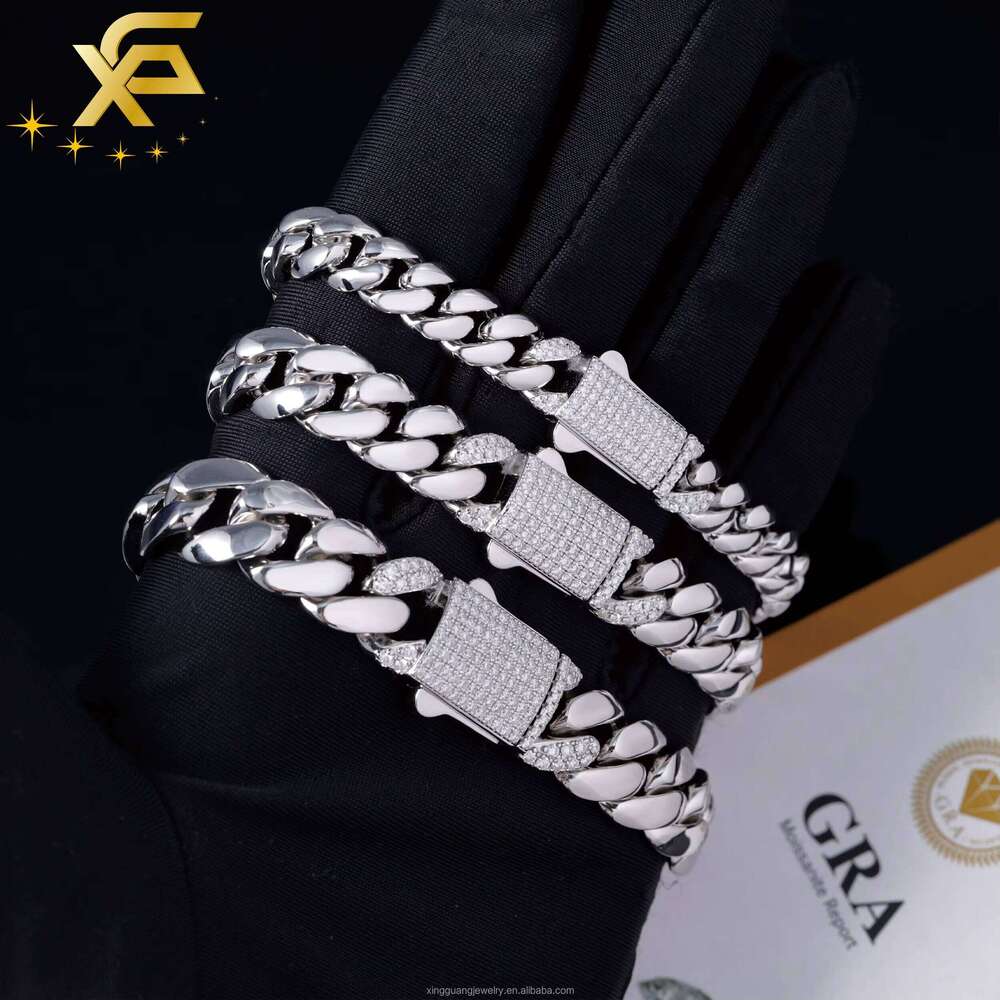 Hot VVS Moissanite Lock Spring Clasp White Gold Plated 8MM 10MM 13MM Miami Link Solid Sier Plain Chain Cuban Necklace