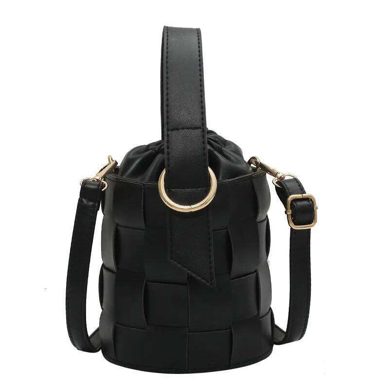Women Drawstring Handbag Fashion Woven Single Shoulder Bucket Bag Mini Simple Solid Crossbody