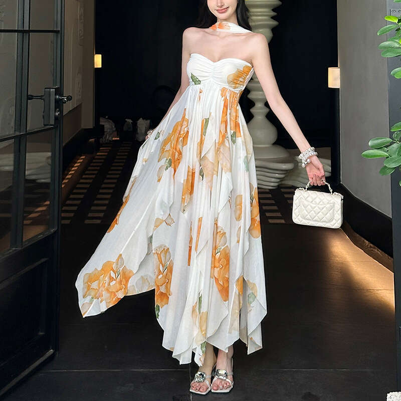 2025 Summer New Style Halter Neck Slim Fit Elegant Asymmetric Backless Tube Dress for Women 76f