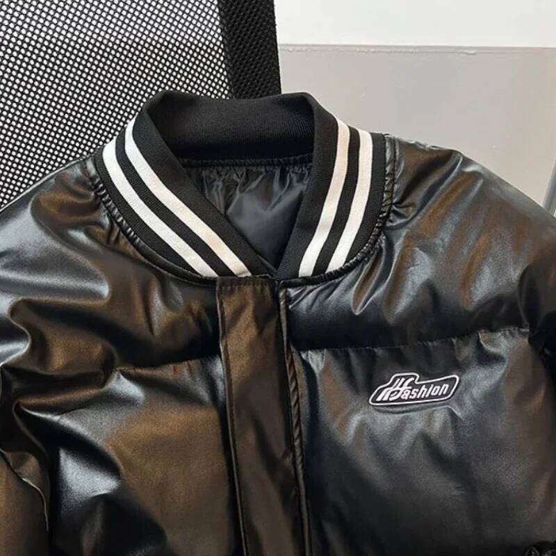 Gmiixder American Baseball Uniform PU Bomber Jacket Hip Hop Thickened Stand Collar Parkas Loose Versatile Couple Winter Coat