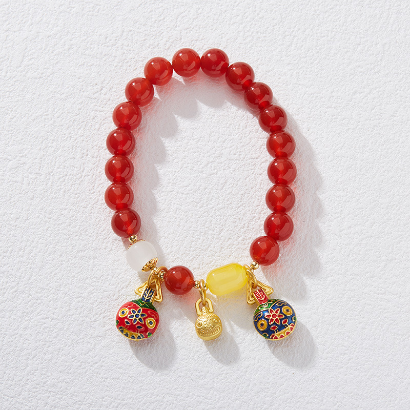 New Design Chinese Style Versatile Bracelet Natural Red Agate with Gold Devouring Beast Type II Amber Pendant for Women