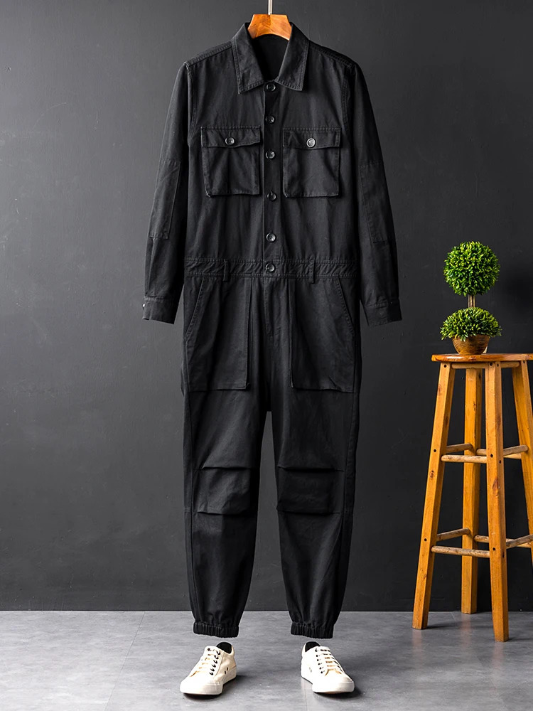 Mens Jumpsuit Lapel Long Sleeve Multipocket Ankle Length Beam Feet Overalls Fashion Black Yellow Freight Trousers Cargo Pants 250725