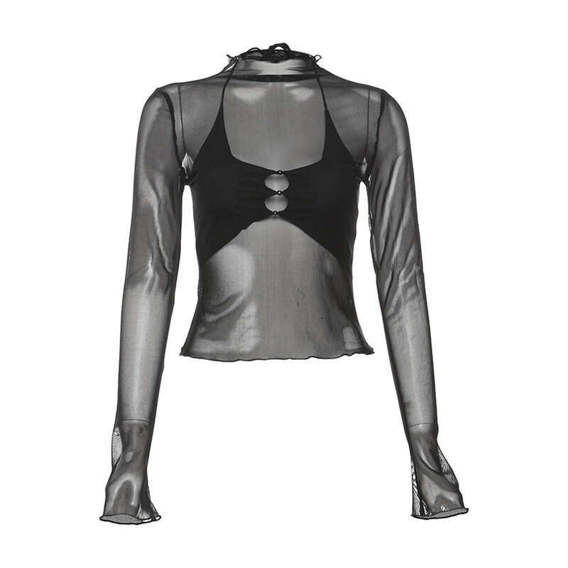 2023 Autumn Winter New Women's Sexy Tank Long Sleeve Mesh Round Neck Crop Top T-Shirt fbf