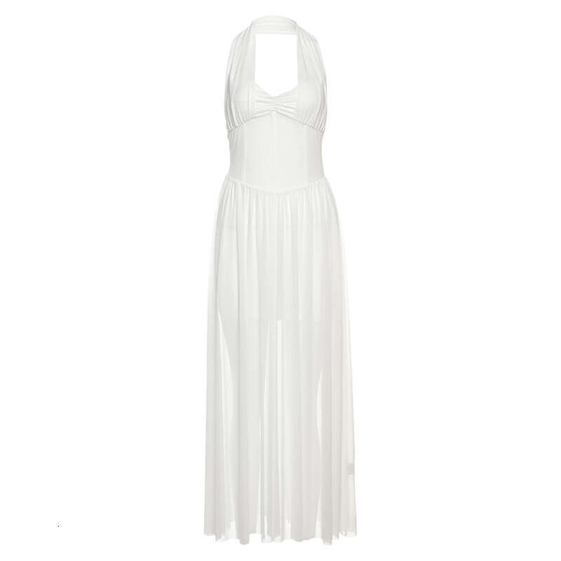 2025 Summer New Sexy Slim Halter Neck Sheer Mesh High Waist Slimming Pure Desire Dress for Women 689