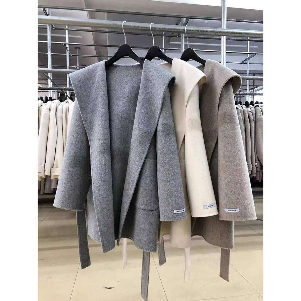 Designer Clothing Hooded Medium-Length Double Sided 100%Wool Coat Women Korean Fashion Loose Winter Jacket 2024 Fashion