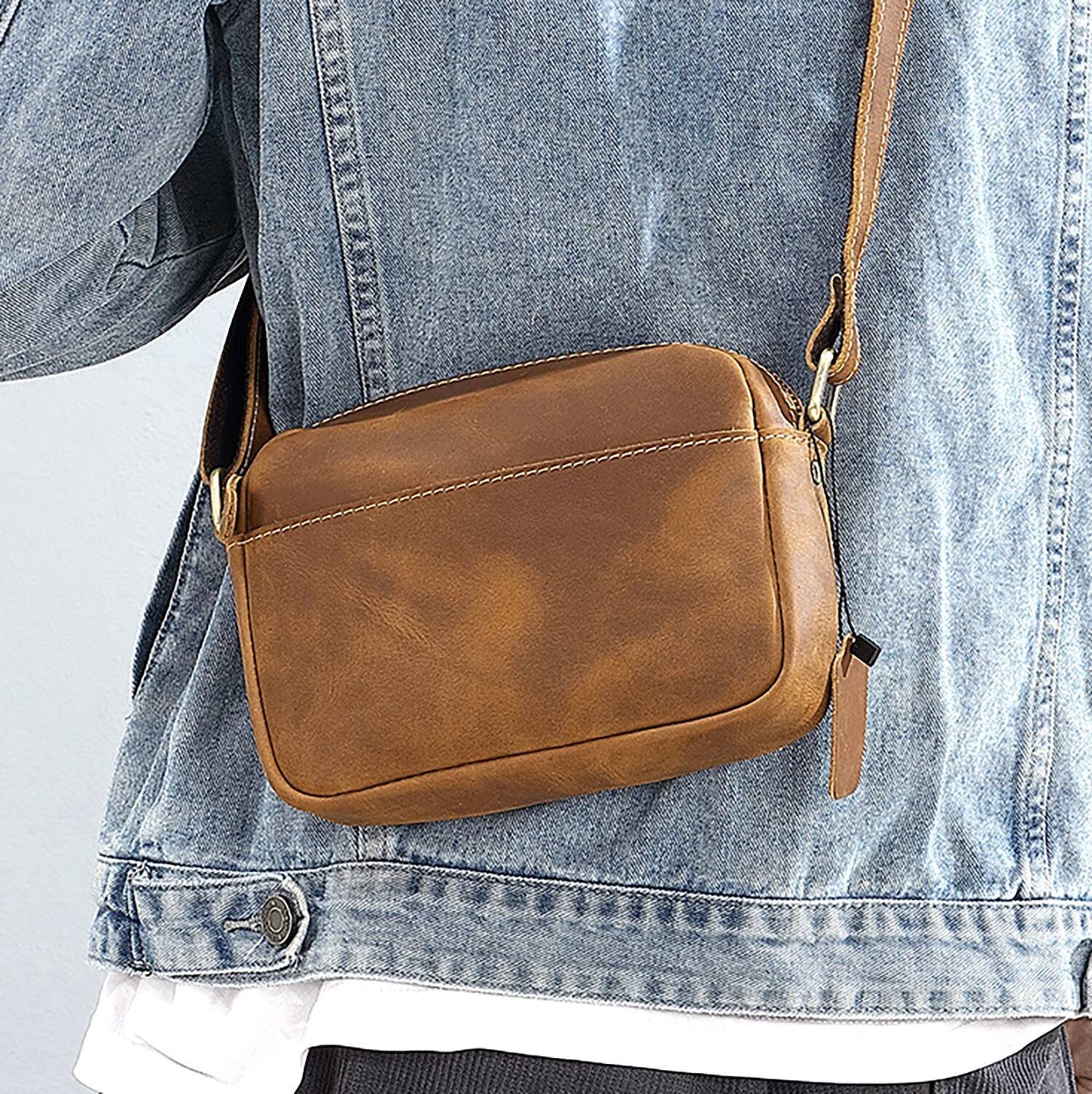 Vintage Crazy Horse Leather Crossbody Bag - Minimalist Unisex Small Square Top-Grain Cowhide Shoulder Bag, Boho Niche Style