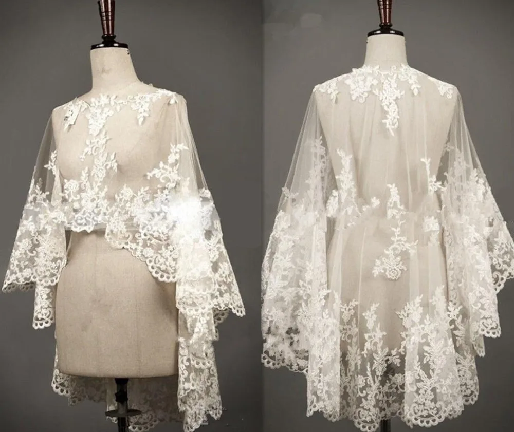 Real Picture Women Sleeveless Bridal Wraps White Lace Appliques Wedding Bolero Jacket Shawl Custom Made Size Long Capes