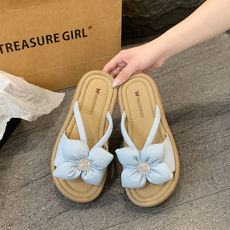 Ddmysports Fashion Rhinestone Flower Thick Sole Slippers For Women Summer Outdoor New Fairy Style One Strap Platform Sandals Outdoor Shoes