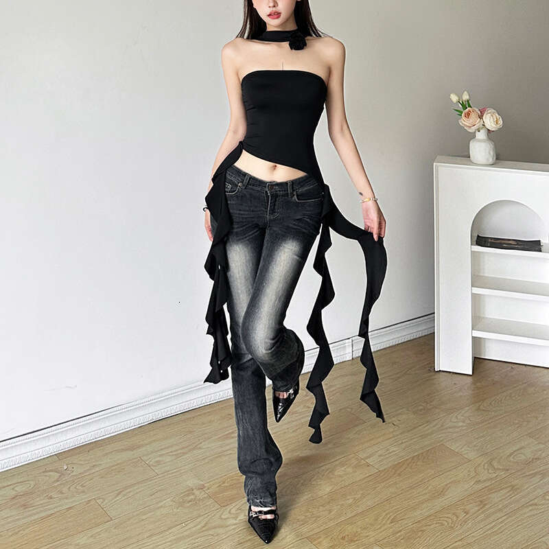 2024 Summer New Women's Fashion Solid Color Sexy Halter Neck Crop Top Strapless Bustier 84a