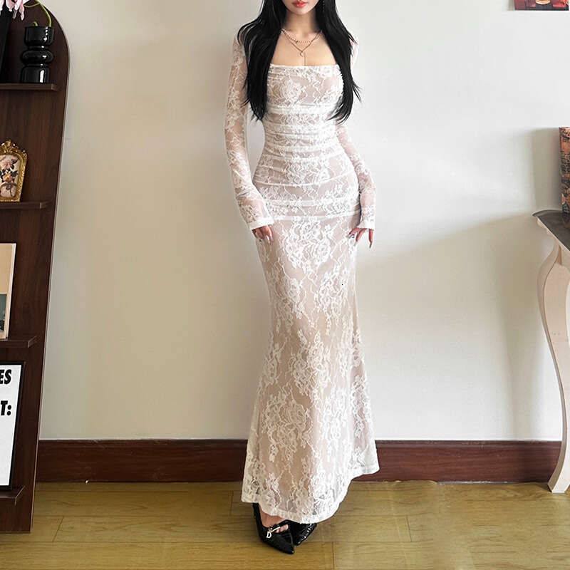 Women's 2024 Autumn Winter New Fashionable Sexy Elegant Mermaid Court Square Neck Lace Fashion Dress bff