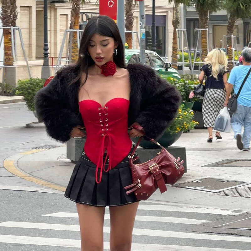 2024 Autumn Winter New Women's Solid Color Sexy Strapless Eyelet Tie Vest 4d8