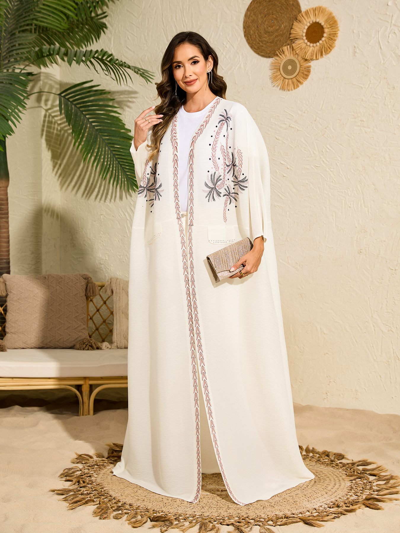Long robe coat Ethnic Clothing The Middle Eastern printed pleated robe coat is elegant in Arab style NZ019