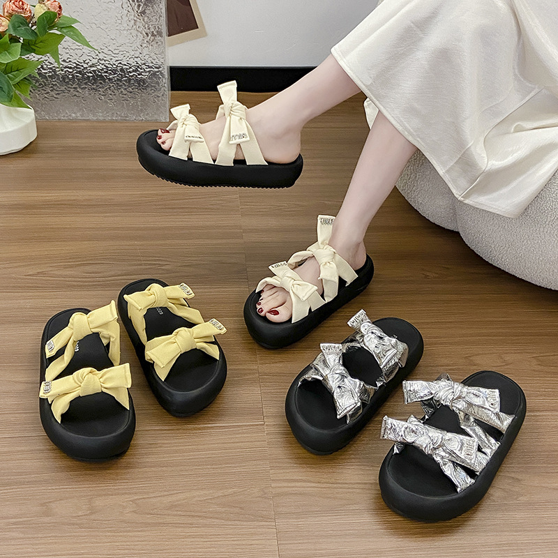 Ddmysports Thick Sole Rhinestone Bowknot One Strap Sandals New Summer Outdoor Casual Vacation Beach Slippers For Women Outdoor Shoes