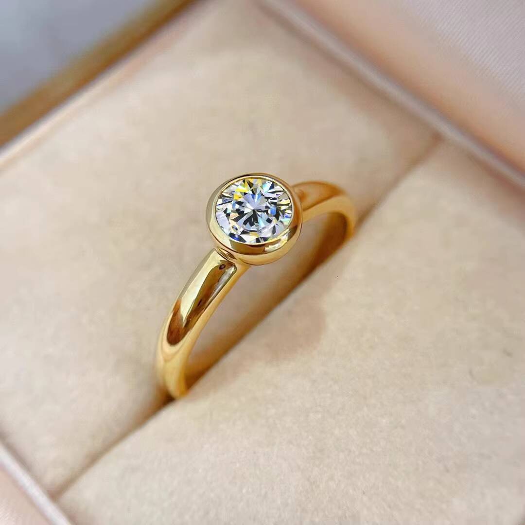 Classic Solitaire Engagement Ring for Women Cut Moissanite S925 Sterling Silver 18K Gold Plated Bezel Setting Romantic Style
