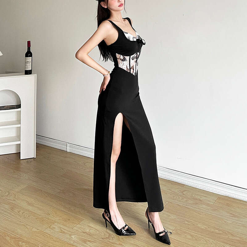 2024 Summer New Women's Solid Color Slim High Waist Fashion Strap Sleeveless Split Dress 31d