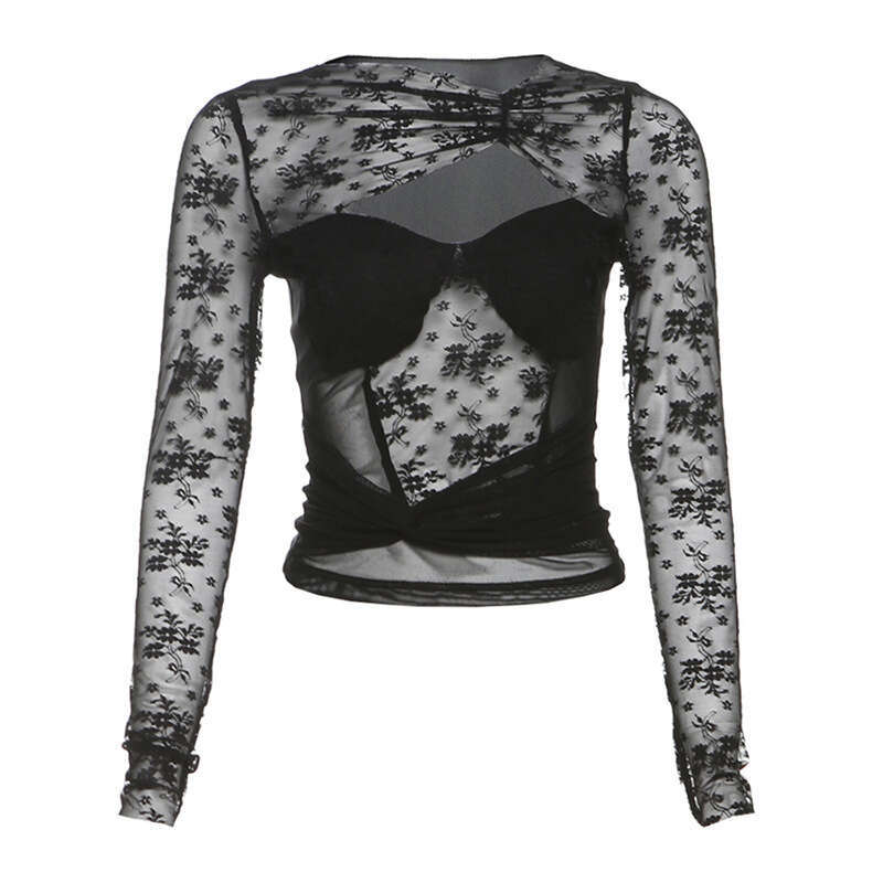 Women's Clothing 2024 Autumn Winter New Street Fashion Sexy Round Neck Long Sleeve Hollow Out T-Shirt for Women cf7
