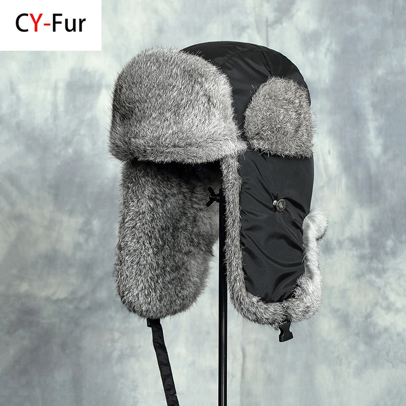 Russia Winter Fur Hat Unisex Outdoor Windproof Super Warm Rabbit Fur Bomber Hats Natural Soft Natural Rabbit Fur Caps 250724