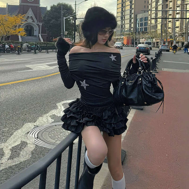 2025 Spring New Women's Solid Color Slim Fit Long Sleeve Top Fashion High Waist Skirt Set bcf
