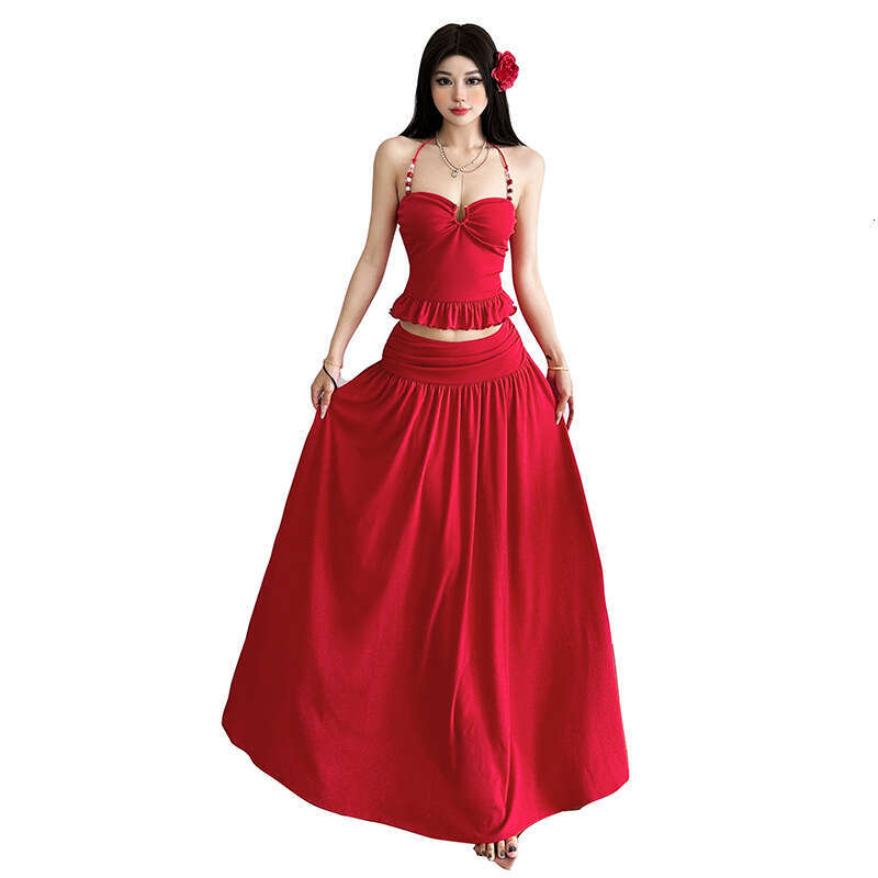 2025 Summer New Beach Vacation Solid Color Waist-Cinching Elegant French Halter Neck Crop Top Slim Fit Set eff