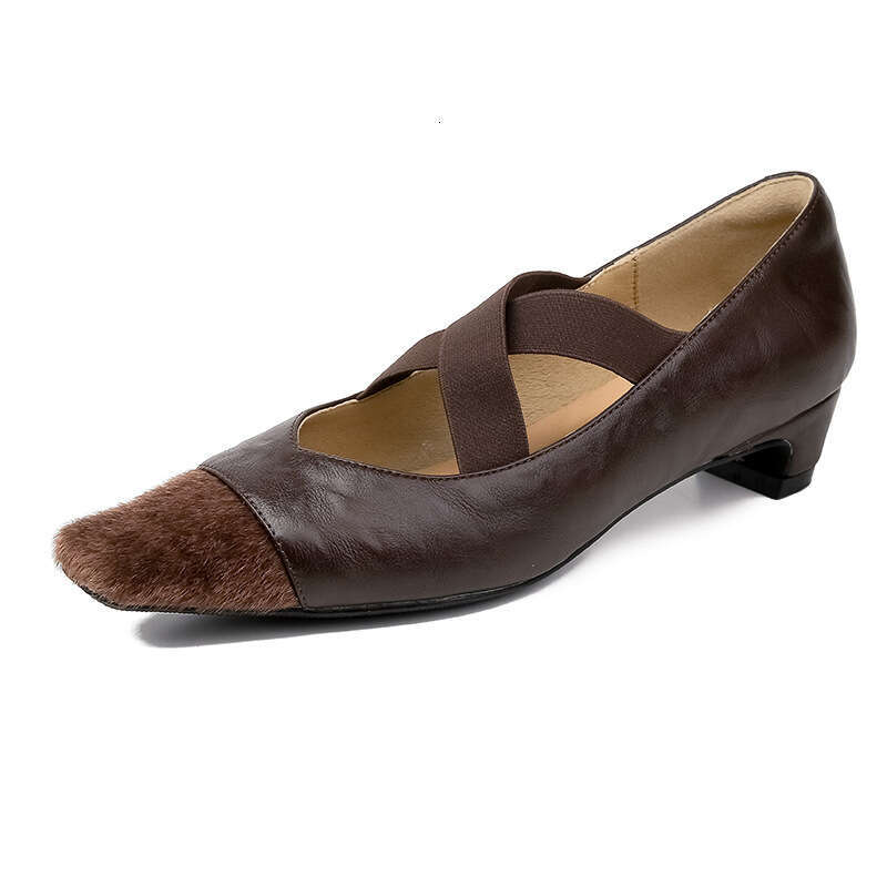Cowhide Version~French Style Single Shoes Comfortable Sole Non-Tiring Fashionable Horsehair Splicing Top Layer Soft Leather High Heels