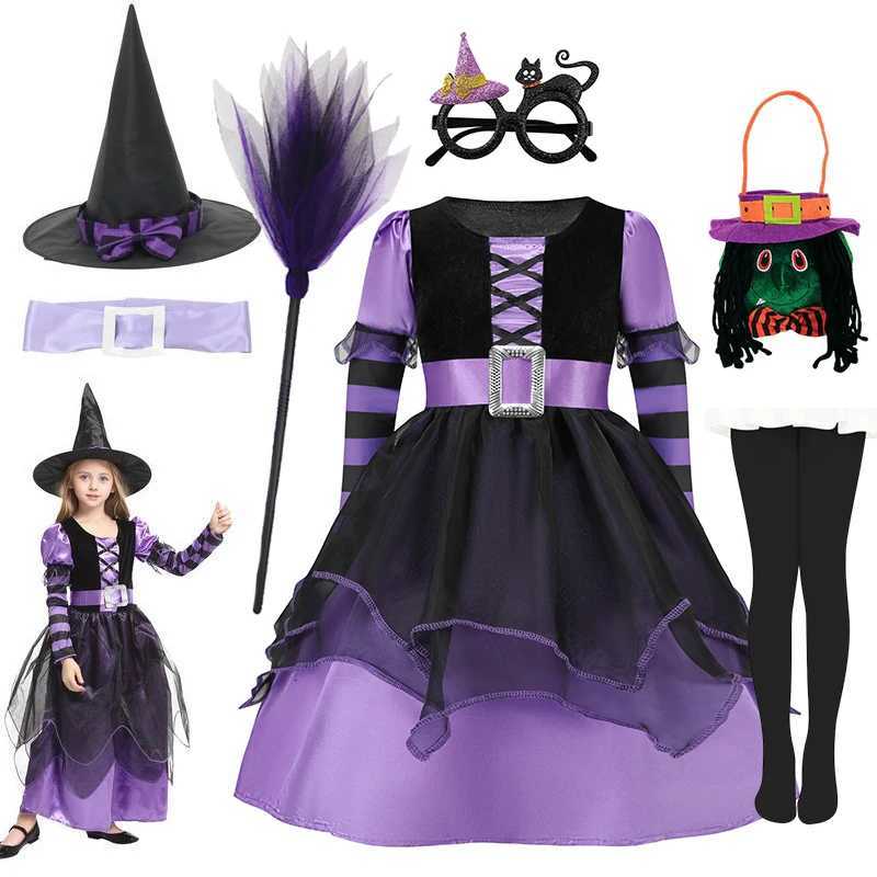 Girls Halloween Witch Costume Purple Mesh Dress with Hat Broom Kids Cosplay Gown for Carnival Magic Villain Role-Play Z250725