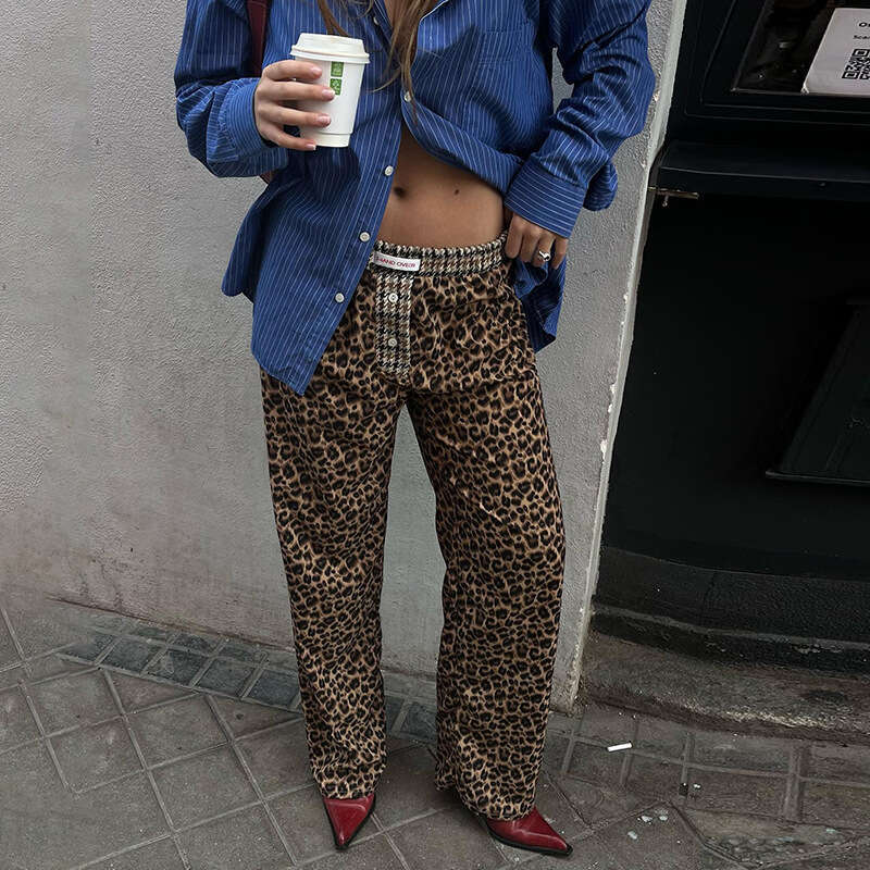 2024 Summer New Women's Solid Color Loose Street Fashion Casual Straight Leopard Print Wide Leg Pants f21