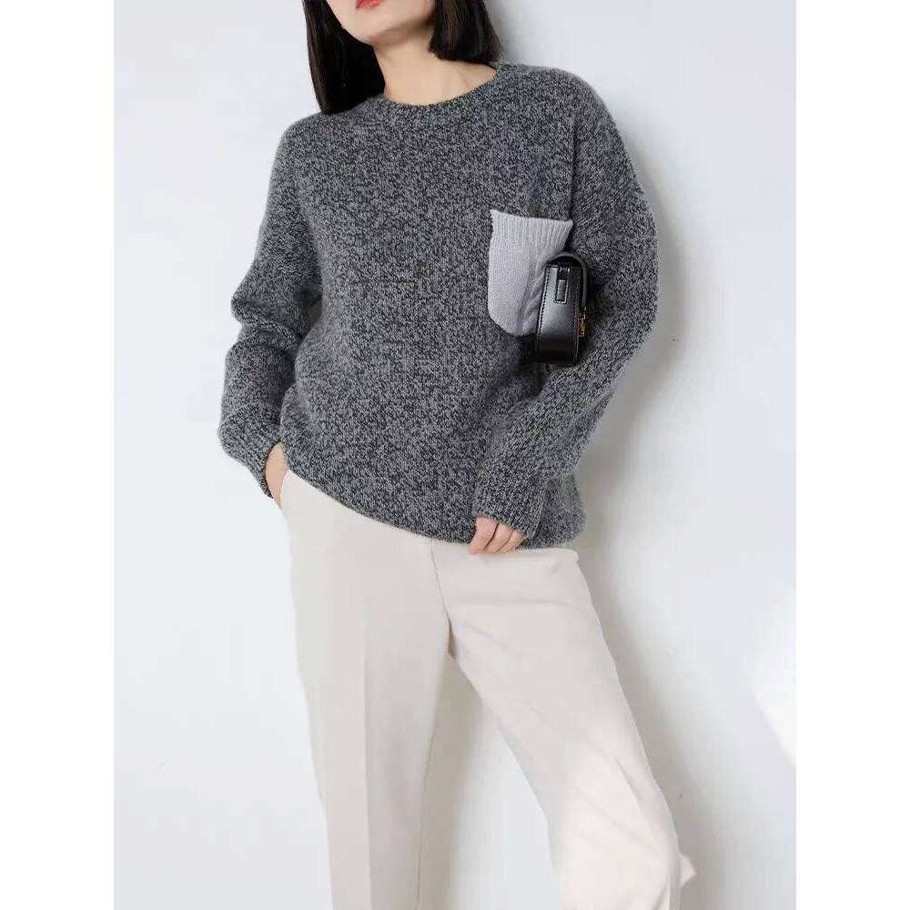 Women's Sweater Autumn/Winter New 100% Pure Cashmere Hoodie Casual Splicing Knitted Tops Thick Loose Round Neck Blouse MDNG