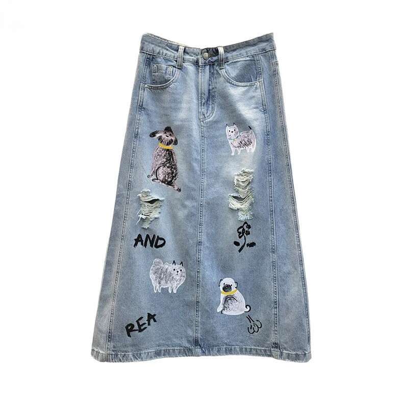 Women's Denim Skirts Cat Dog Printed Broken Holes Split A-Line High Waist Long Skirt Summer 2025 New Fashion 29A1481