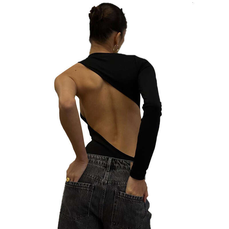 Y22bs533 Women's Autumn New Solid Color Casual Round Neck Single Shoulder Long Sleeve Backless Slim Fit Jumpsuit Top B5