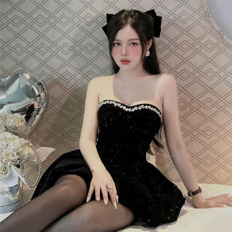 2024 Autumn Winter New Women's Solid Color Slim Street Fashion Off-Shoulder Tube Dress d0b