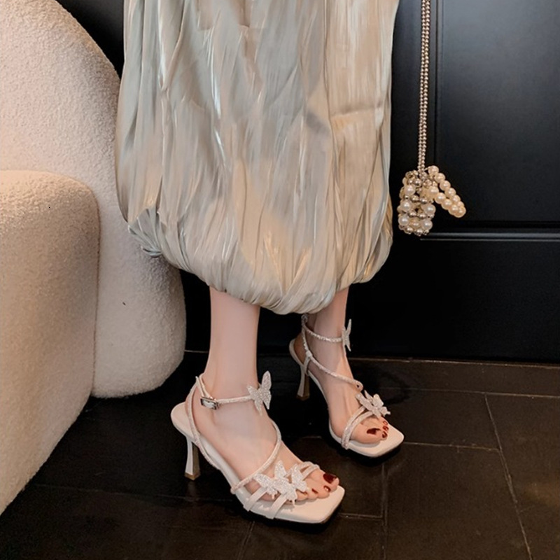 Ddmysports French Rhinestone One Strap Fairy Style Sandals For Women New Summer Bowknot Dress Matching Thin Heel High Heels Outdoor Shoes