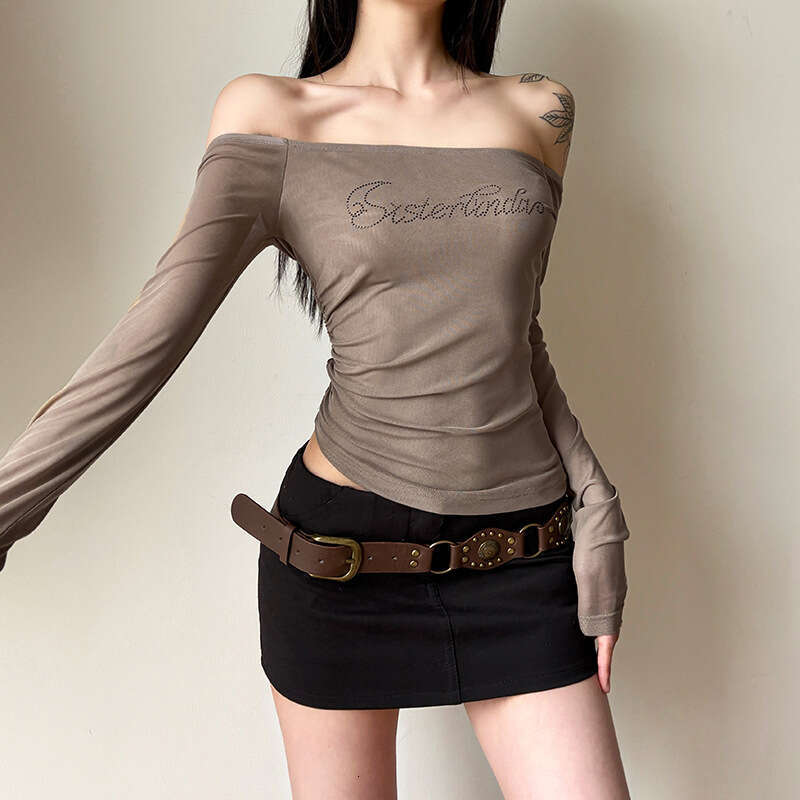 2025 Spring Women's Fashion Sexy Off-Shoulder Design Personality Rhinestone Mesh Long Sleeve Top for Women 963
