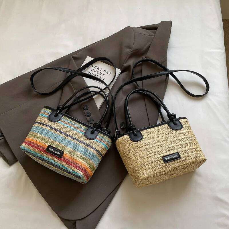 Women's Rainbow Color Summer Beach Straw Woven Top Handle Shoulder Crossbody Designer Bag