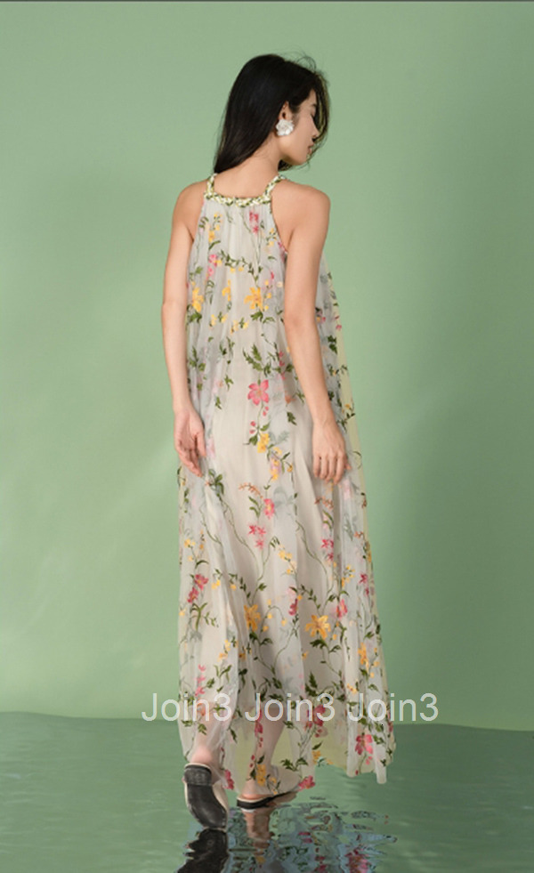 Vacation Style 2025 Summer New Floral Fairy Dress Fashion Embroidered Mesh Strap Dress 6577