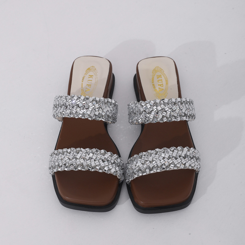 Ddmysports French Rhinestone One Strap Sandals For Women Summer New Fairy Style Dress Matching Low Heel Elegant Fashionable Slippers Outdoor Shoes