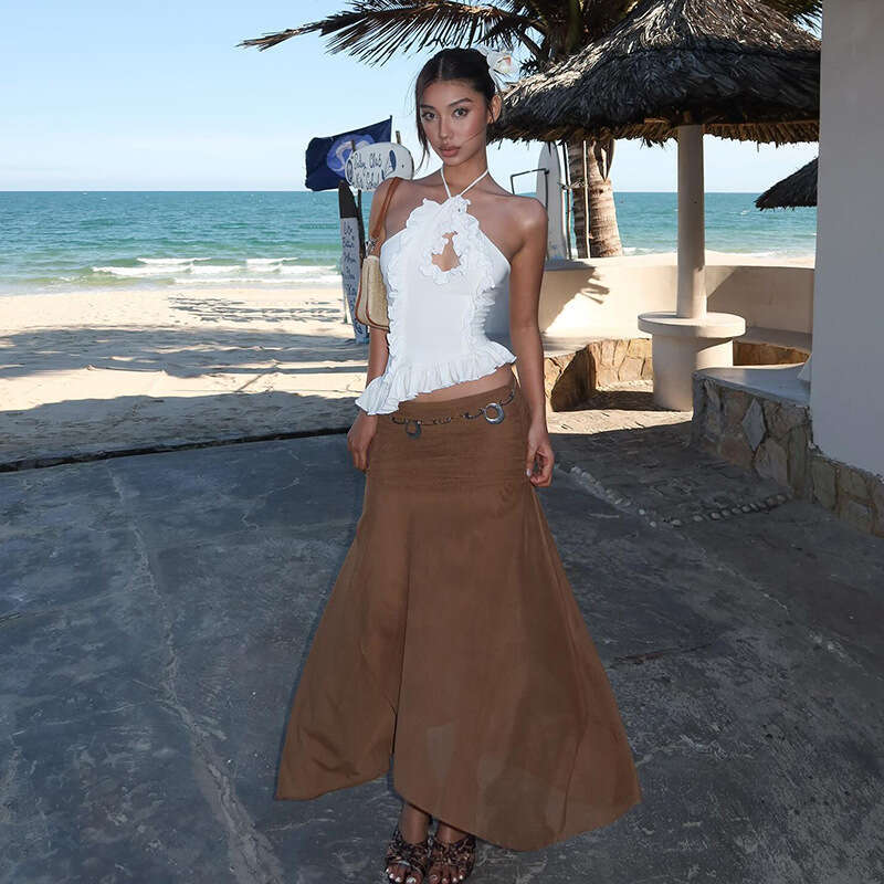 2025 Summer New Solid Color Halter Neck Tie Irregular Slim Top High Waist Elegant Midi Skirt 602
