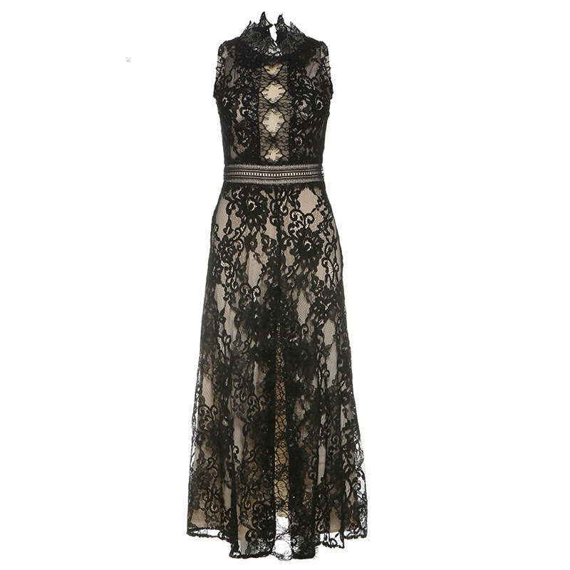 2025 Summer New Sexy Fashion Back Hollow Niche Design Lace Round Neck Sleeveless Long Dress d5c