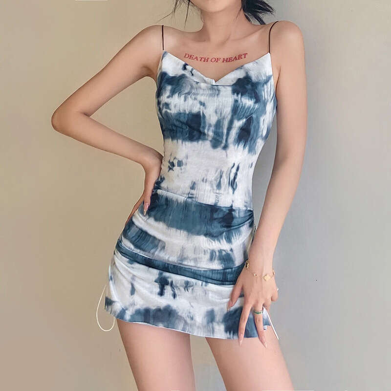 2021 Summer New Women's Slim Fit High Waist Fashion Tie-Dye Ruched Sexy Strap Dress 0a1